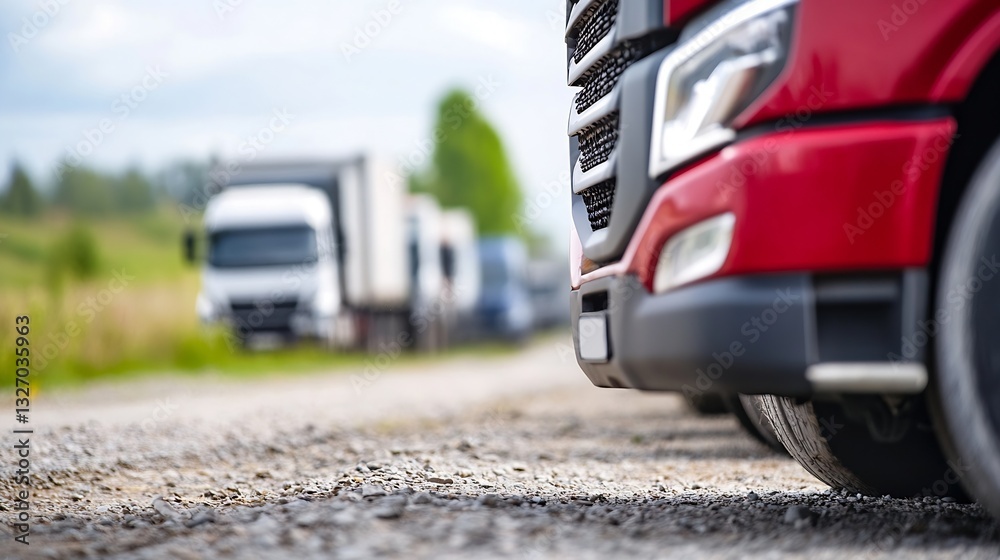 Poster close up view of modern trucks on a gravel road with focus on the front of a red vehicle : generativ