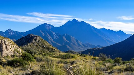 Majestic mountain range under a clear blue sky showcasing the beauty of nature : Generative AI
