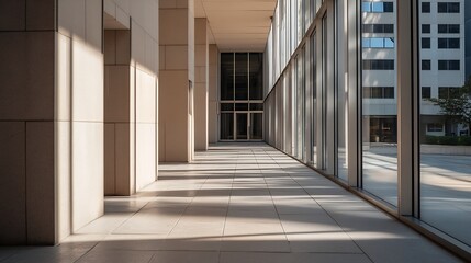 Modern urban architecture with large glass windows and sleek design creating a bright comfortable office environment : Generative AI