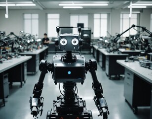 Advanced Humanoid Robot Standing in a Modern Research Laboratory, Ideal for Concepts of Artificial Intelligence, Robotics, and Future Technological Innovations