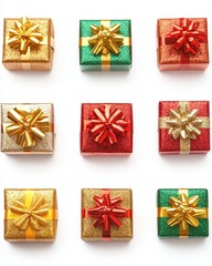 Festive array of colorful glittery gift boxes with bows on white background for holiday celebration