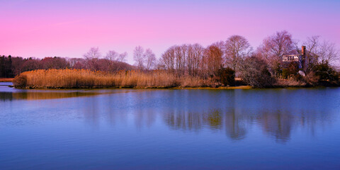 Salt Harbor Meadow National Wildlife Refuge Winter Landscape at sunrise in Westbrook, Connecticut, USA: A tranquil green space for hiking and walking in New England of America
