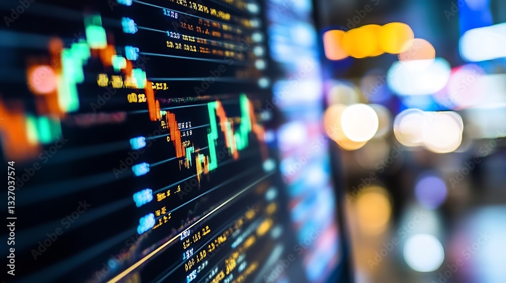 Poster Detailed view of stock market data displayed on a screen showing upward trends and financial indicators in a busy trading environment : Generative AI