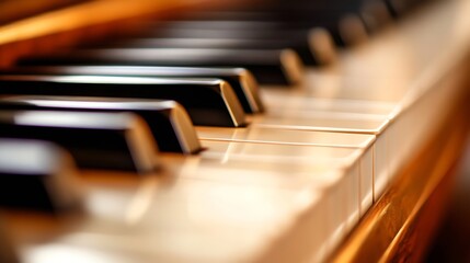 Close up of piano keys with glossy finish showing musical elegance and refined beauty : Generative AI