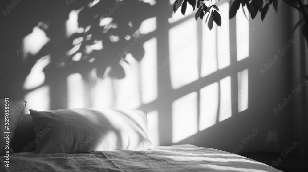 Poster serene bedroom scene with gentle shadows and soft bed linen in minimalist decor : generative ai