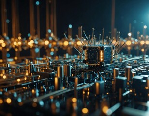 Abstract Golden Artificial Intelligence Core with Glowing Nodes and Connections, Representing Future Technology and Neural Networks