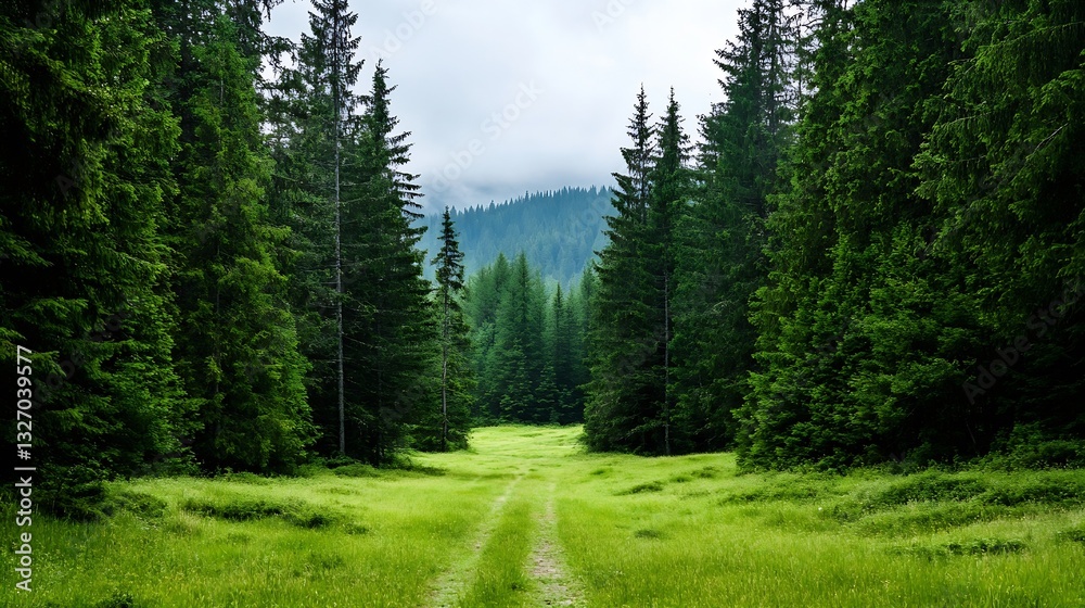 Poster lush green forest pathway surrounded by majestic pine trees under a cloudy sky : generative ai