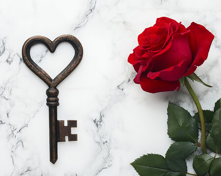 Heart-shaped key and red rose on marble background, symbolizing love, romance, and Valentine's DayFree space for text or design