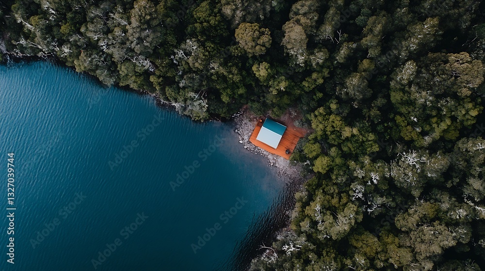 Aufkleber aerial view of a tranquil lakeside cabin surrounded by lush greenery and clear blue water : generati