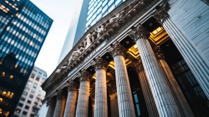 Impressive architectural details of a historic building with columns and modern skyscrapers surrounding the area : Generative AI