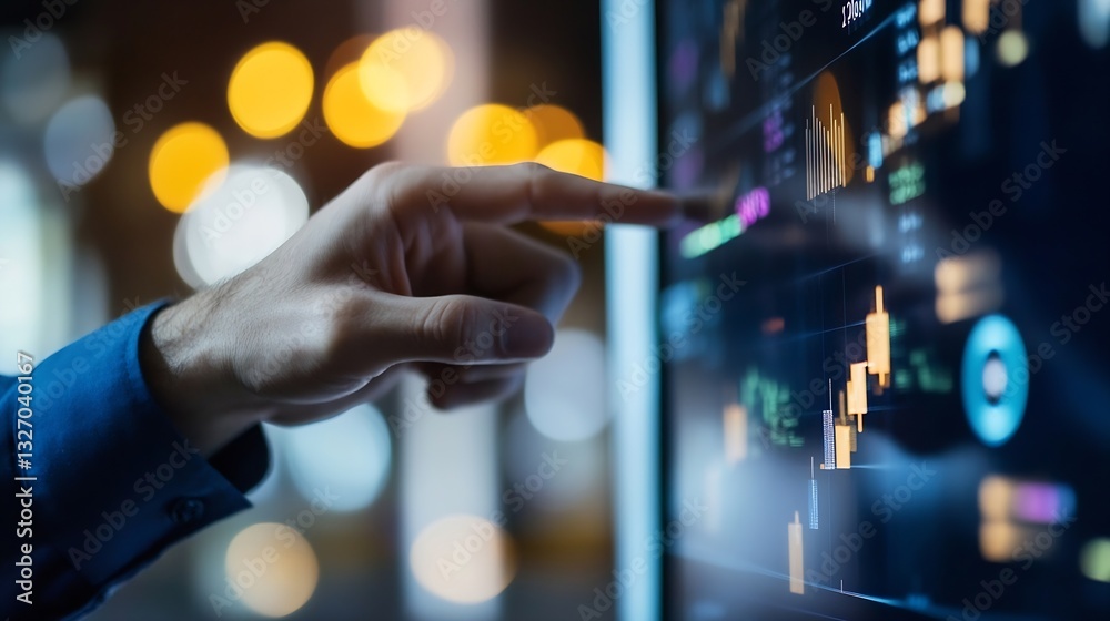 Leinwandbilder Professional hand navigating a modern financial dashboard displaying stock market graphs and trends : Generative AI