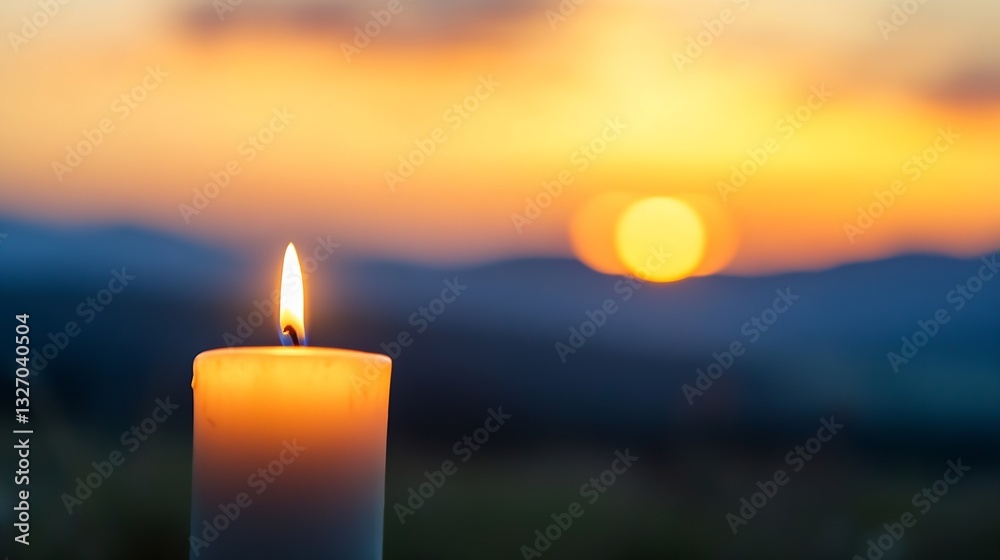 Poster beautiful candle glowing at sunset creating a serene and tranquil atmosphere outdoors : generative a