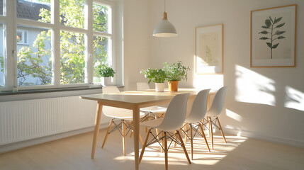Fototapeta premium serene scandinavian dining room with potted herbs