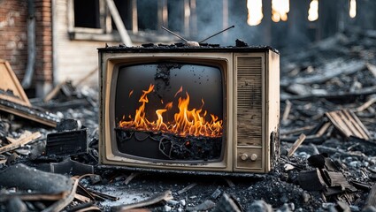 Obraz premium Burnt old television set displaying flames, surrounded by charred debris from a fire-damaged building