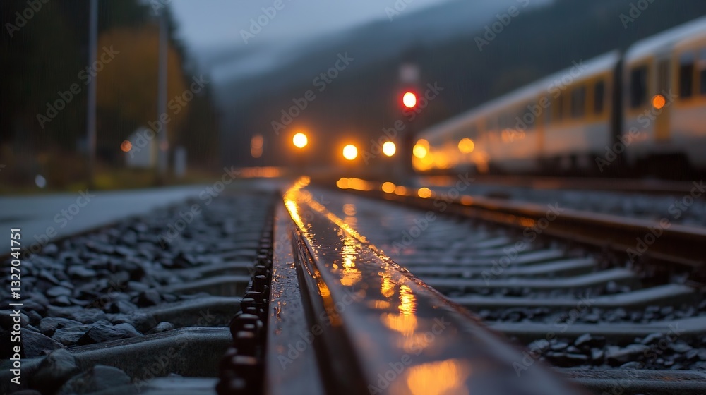 Poster shimmering railway tracks under evening lights showcasing a train journey ahead : generative ai