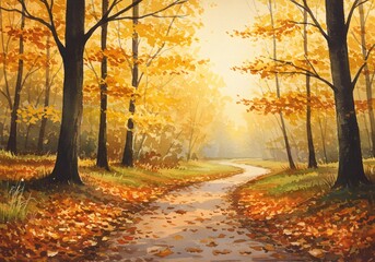Obraz premium Watercolor Painting of a Golden Autumn Landscape with a Winding Forest Path.