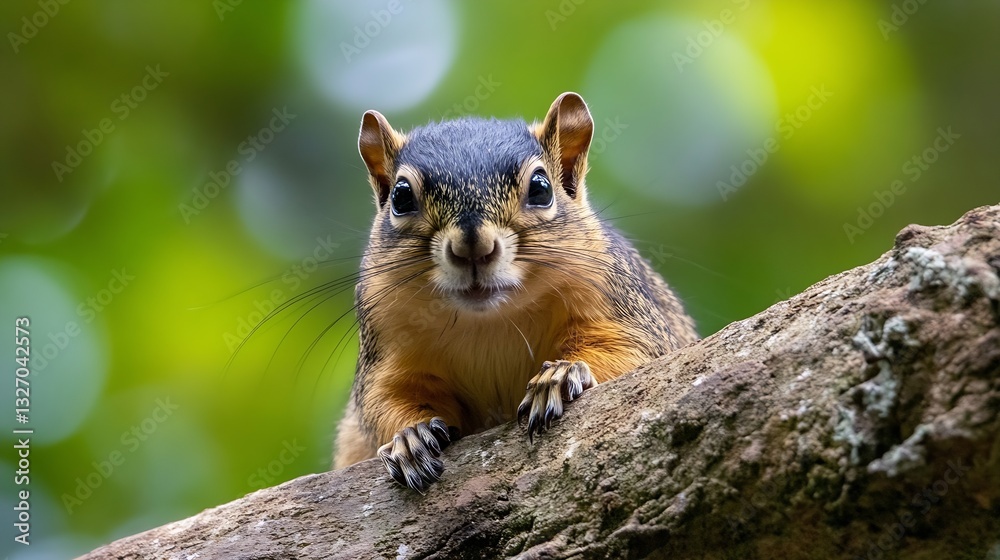 Poster Closeup portrait of a curious squirrel perched on a branch with a soft blurred background in nature : Generative AI