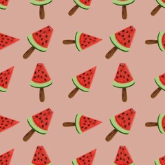 A repeating pattern of watermelon slices and popsicles, featuring vibrant red flesh, black seeds, and green rind, set against a Pastel Green background.