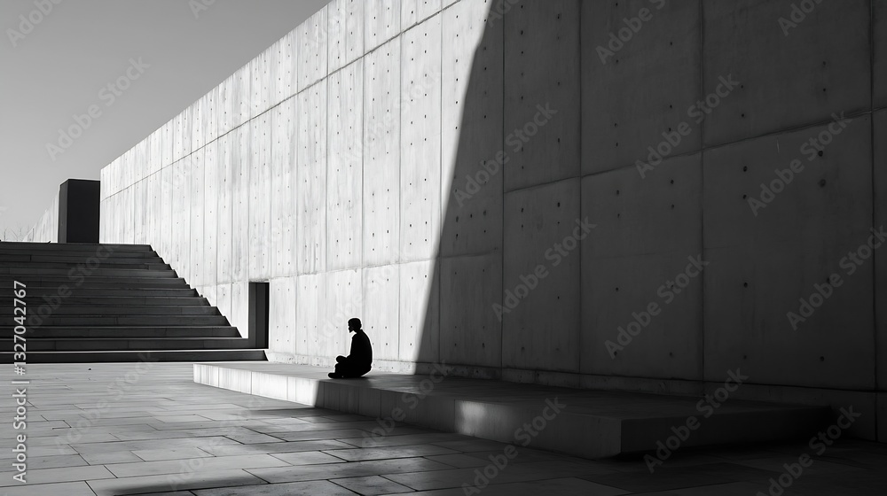 Poster minimalistic silhouette of a person meditating in a spacious concrete space illuminated by sunlight 