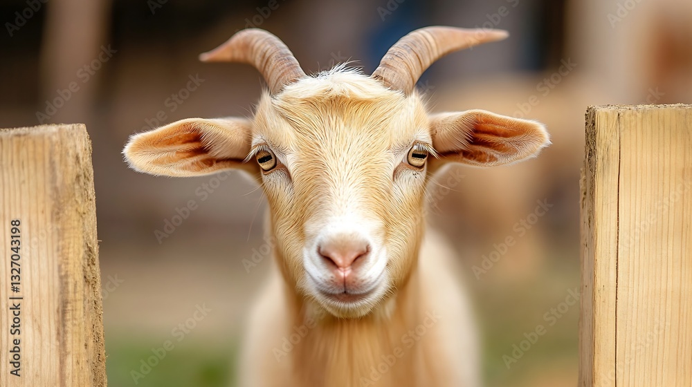 Poster Charming closeup portrait of a goat with striking horns showcasing its unique features in a rustic farm setting : Generative AI