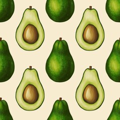 A seamless pattern featuring whole avocados and halved avocados with a brown pit, set against a Pastel Yellow background. The design showcases the vibrant green color of the avocados.