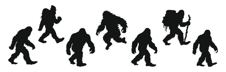 Bigfoot, Yeti, Wild Monster, Sasquatch black silhouettes set/ Flat vector illustrations isolated on white background