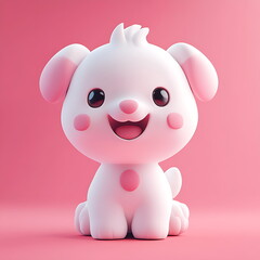 3d white cute dog with pink nose sits pink background