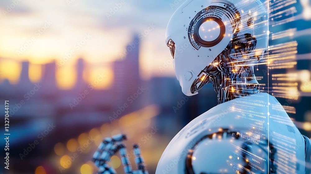 Poster Futuristic Robot Interface with Abstract Data Visuals Against Urban Skyline : Generative AI