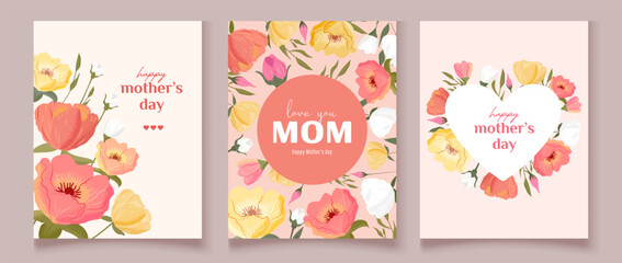 Mother's Day greeting card set  with hand-drawn flowers and green leaves. Perfect for banners, social media posts, and postcards. Stylish and elegant vector illustrations for festive designs.