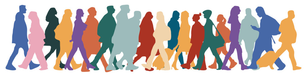 A group of people walking down a street. The people are of different colors and sizes. Some are carrying handbags and backpacks. Concept of diversity and unity among the people