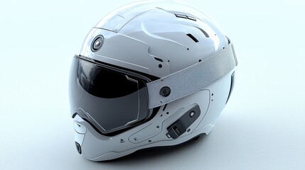 A sleek, white motorcycle helmet with a dark visor suggests high-tech safety and modern design.