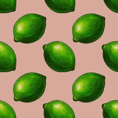 A seamless pattern featuring vibrant green limes on a Pastel Green background. The limes are illustrated with shading and texture, showcasing their round shape and smooth skin.