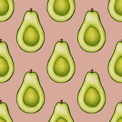 A seamless pattern featuring sliced avocados with a vibrant green color against a Pastel Green background.