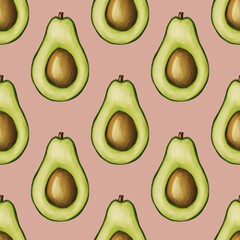 A seamless pattern featuring sliced avocados with their brown pits, arranged in a repetitive design on a Pastel Green background.