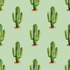 A seamless pattern featuring green cacti with elongated shapes and orange bases on a Pastel Green background.