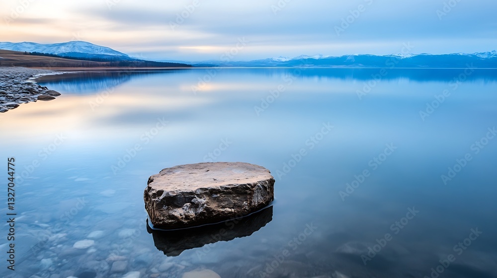 Poster tranquil water scene with a flat rock reflected in the calm lake at dusk : generative ai