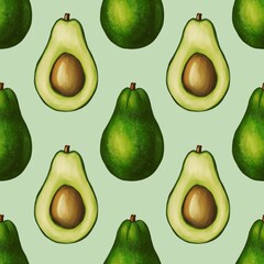 A seamless pattern featuring whole avocados and halved avocados with a brown pit, set against a Pastel Green background. The design showcases the vibrant green color of the avocados.