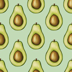A seamless pattern featuring sliced avocados with their brown pits, arranged in a repetitive design on a Pastel Green background.