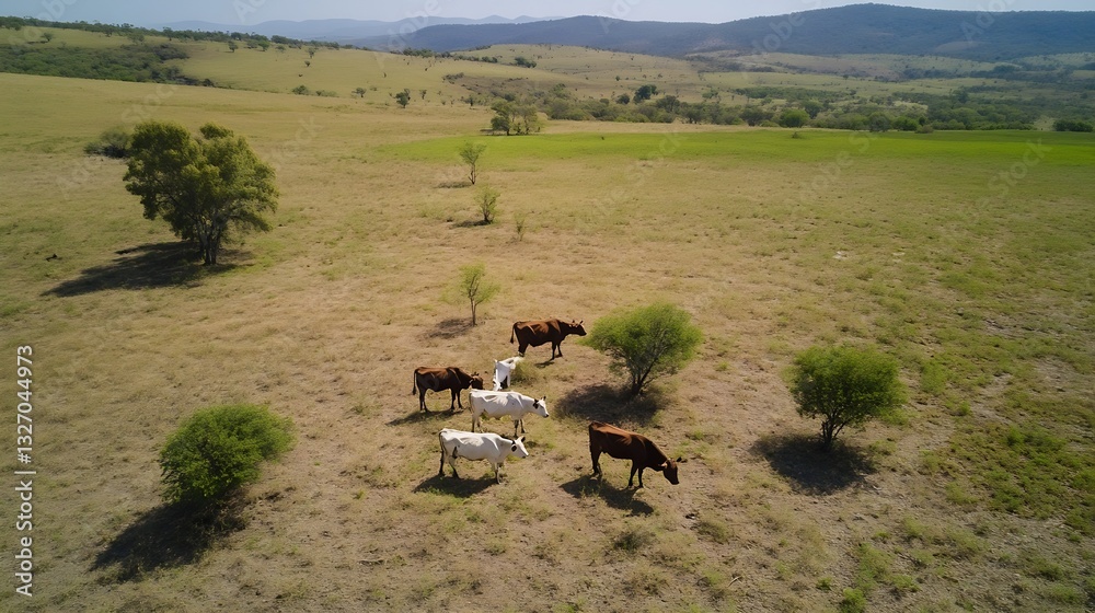 Poster Aerial view of cows grazing peacefully in a wide open field surrounded by trees and hills : Generative AI