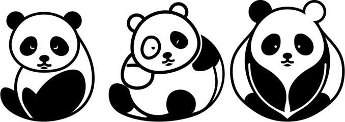 Minimalist Panda Artwork for Branding and Design,Black and white vector illustration of pandas in various poses and expressions. Perfect for logo design, icons, and decoration.