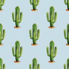 A seamless pattern featuring green cacti with elongated shapes and orange bases on a Pastel Blue background.