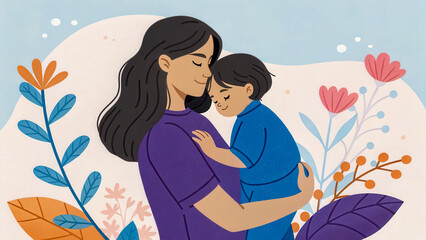 Mother Hugging  Her Child – Loving Family Bond Illustration in Soft Colors
