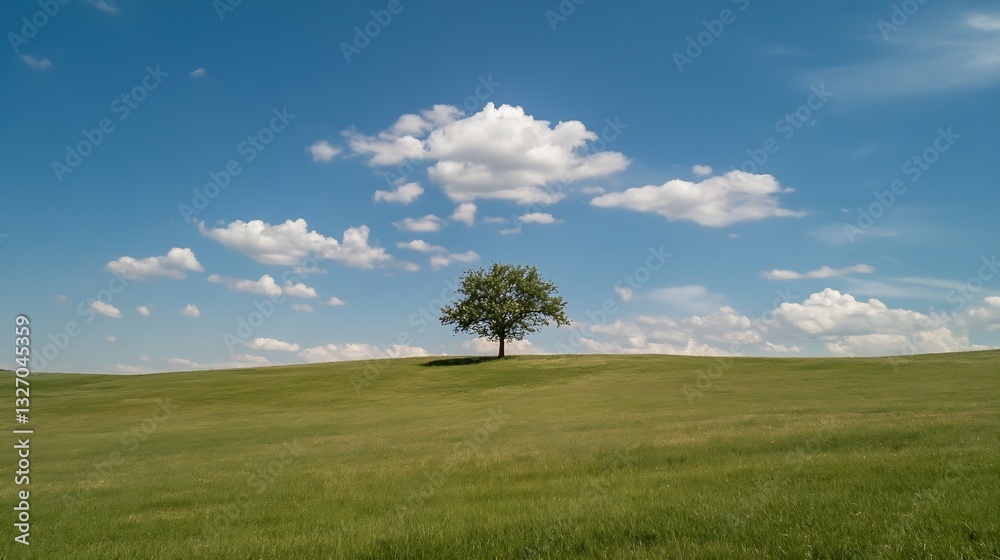 Poster lone green tree in vibrant grass field under a bright blue sky with fluffy clouds : generative ai