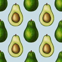 A seamless pattern featuring whole avocados and halved avocados with a brown pit, set against a Pastel Blue background. The design showcases the vibrant green color of the avocados.