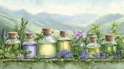 Herbal essence bottles displayed on a rustic table in nature gigapixel quality tranquil environment
