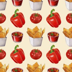 A seamless pattern featuring red bell peppers, tomatoes, tortilla chips in a white container, and a small bowl of salsa. a Pastel Yellow background.