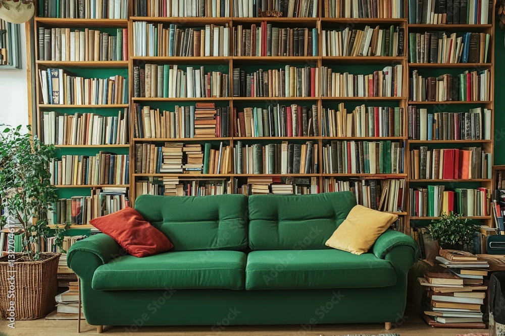 Poster a comfortable green couch placed in front of a classic bookshelf
