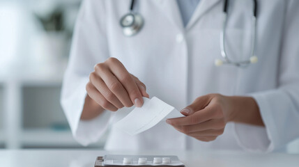 Doctor placing prescription in wallet, office background