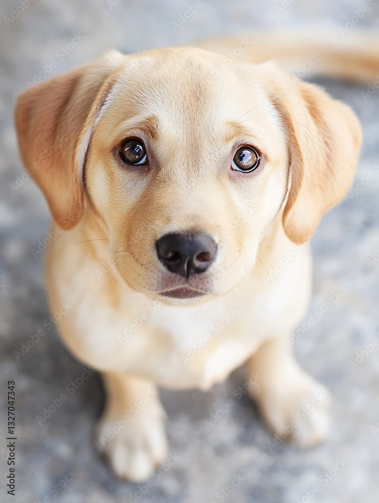 Poster adorable young labrador puppy with expressive eyes gazing curiously at the camera showcasing its pla