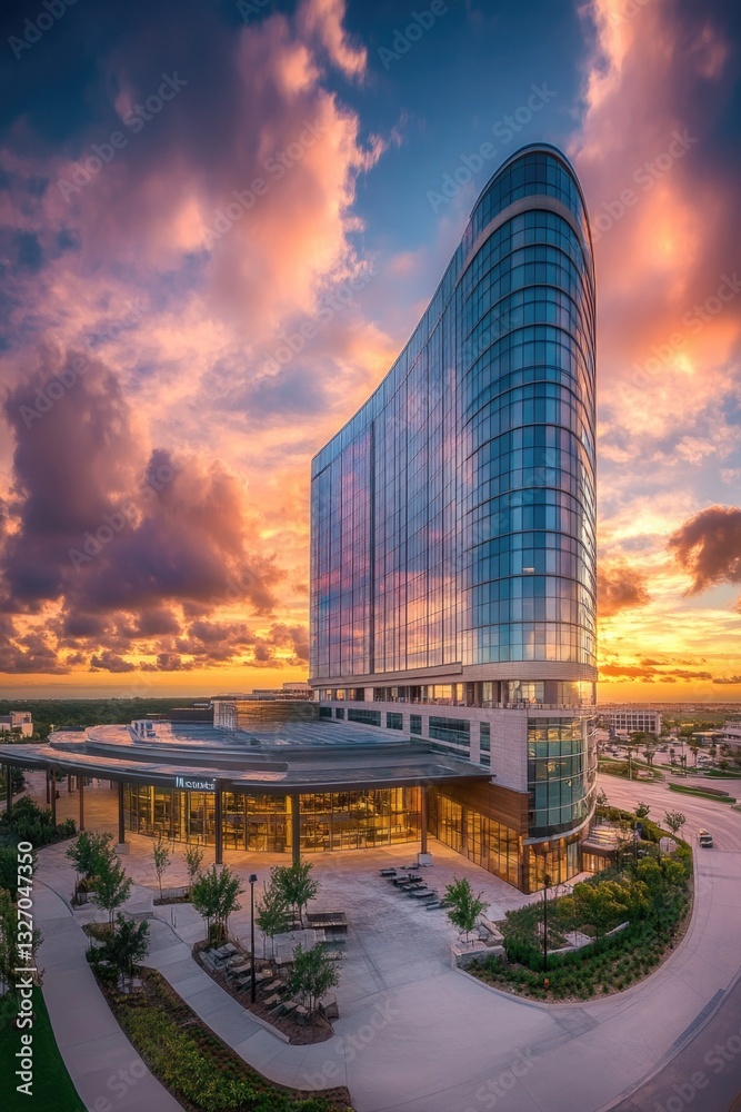 Poster a tall building with numerous windows, suitable for architecture or cityscape images